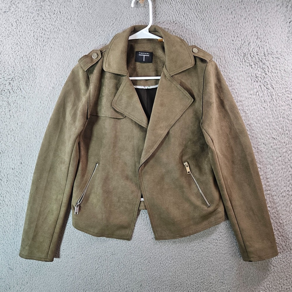 Tahariโ Open Front Moto Jacket Women XS Faux Leather Dark Olive Green